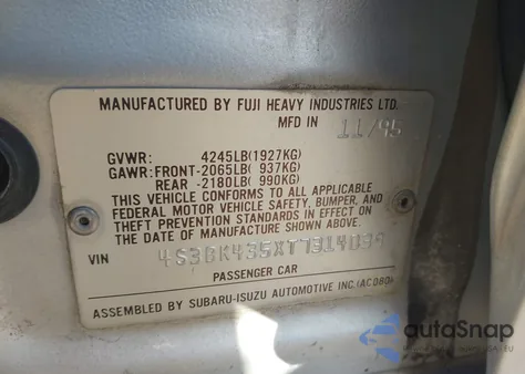 1996 Subaru Legacy L из США, поврежденный, VIN 4S3BK435XT7314039